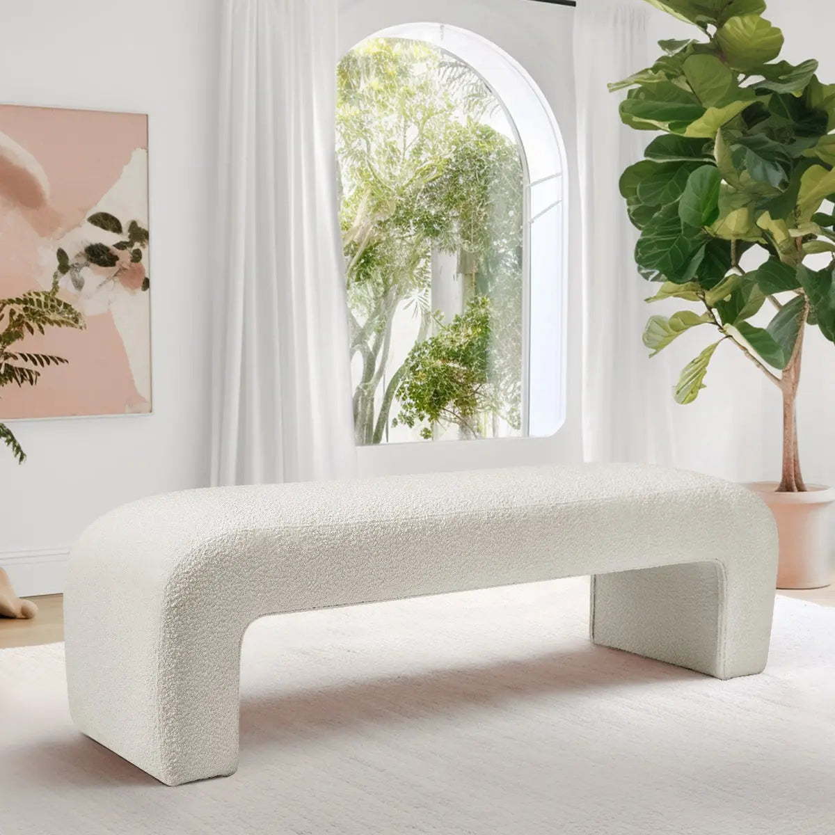 Modern beige boucle bench by window, pale walls, and greenery; Lily 60" Waterfall design featured.