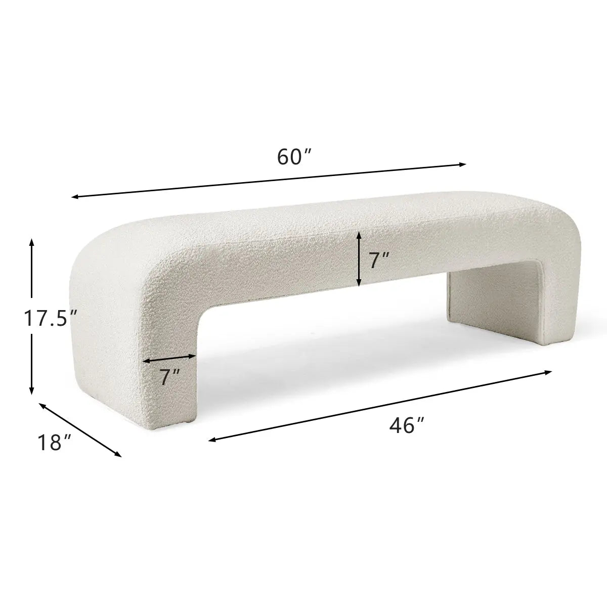 Lily Modern Beige Boucle Waterfall Bench with dimensions; sleek design, ideal for contemporary interiors.