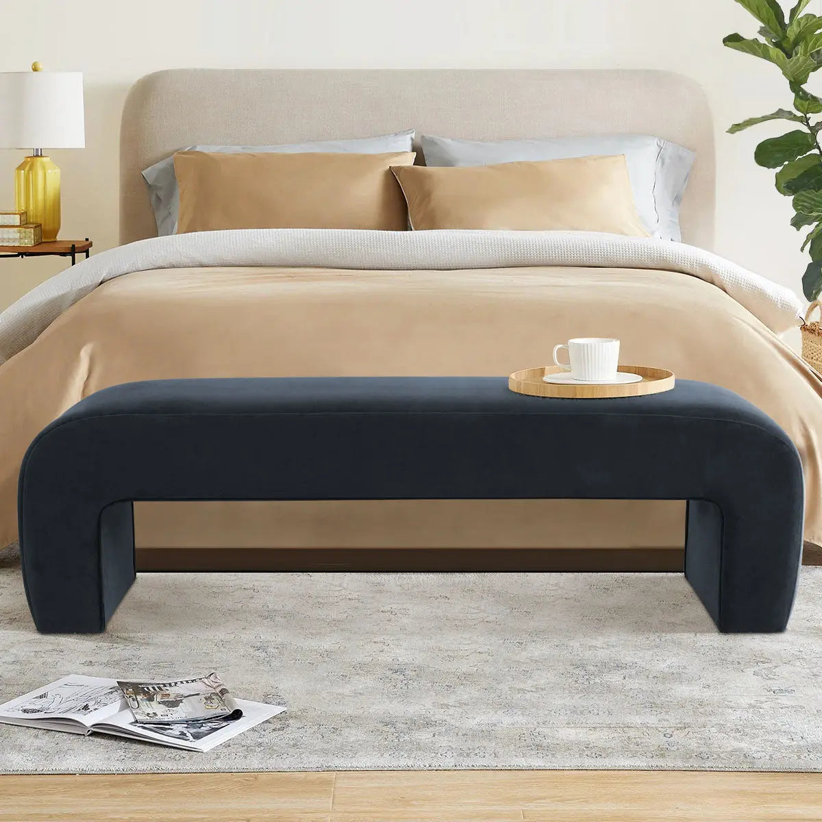 Lily Modern Velvet Accent Waterfall Bench in stylish bedroom with beige bed and cozy beige rug.