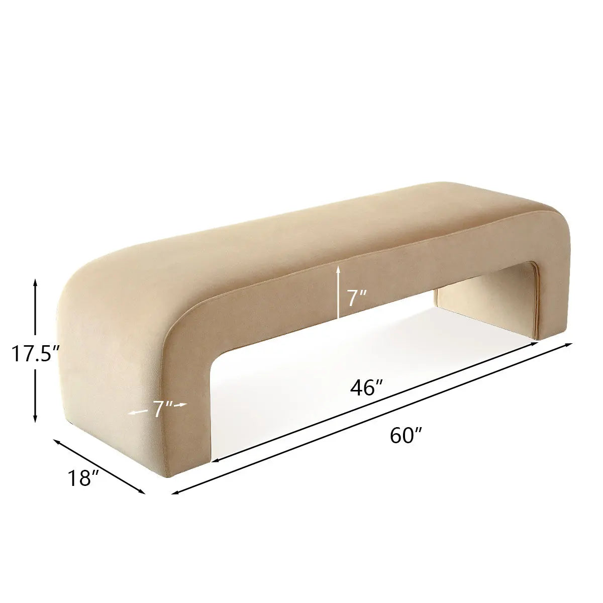 Lily Modern Velvet Accent Waterfall Bench with dimensions, in a minimalist design, tan color.