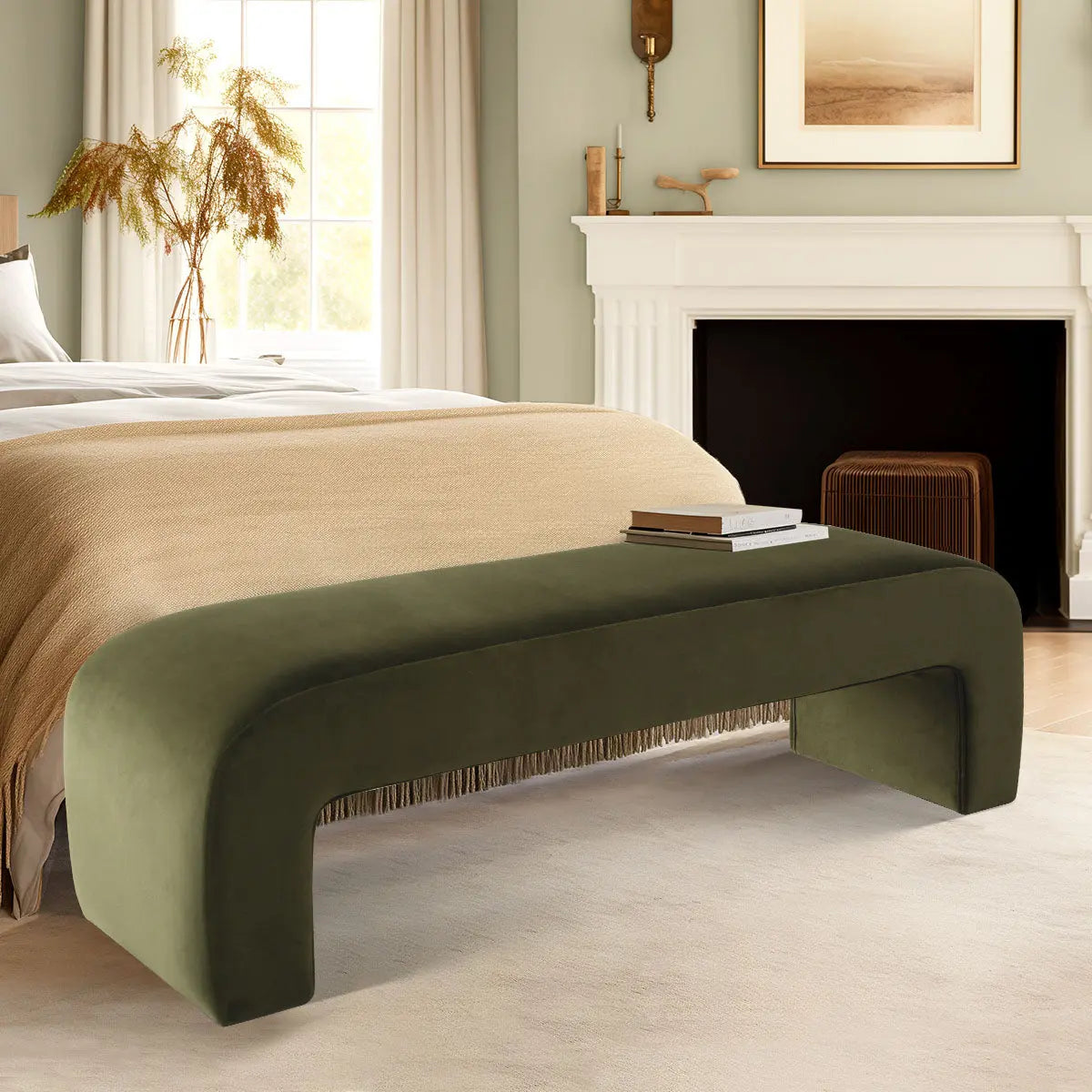 Lily Modern Velvet Accent Waterfall Bench in bedroom with white fireplace and green walls.