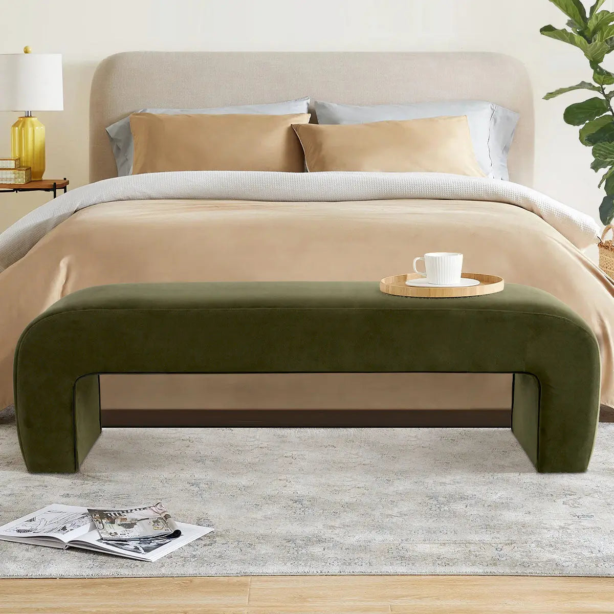 Lily Modern Velvet Accent Waterfall Bench, green, bedroom setting, beige bed, neutral decor, wood flooring.