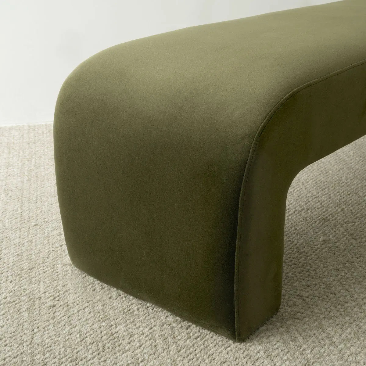 Lily Modern Velvet Accent Bench on carpeted floor, minimalist room; chic furniture decor.