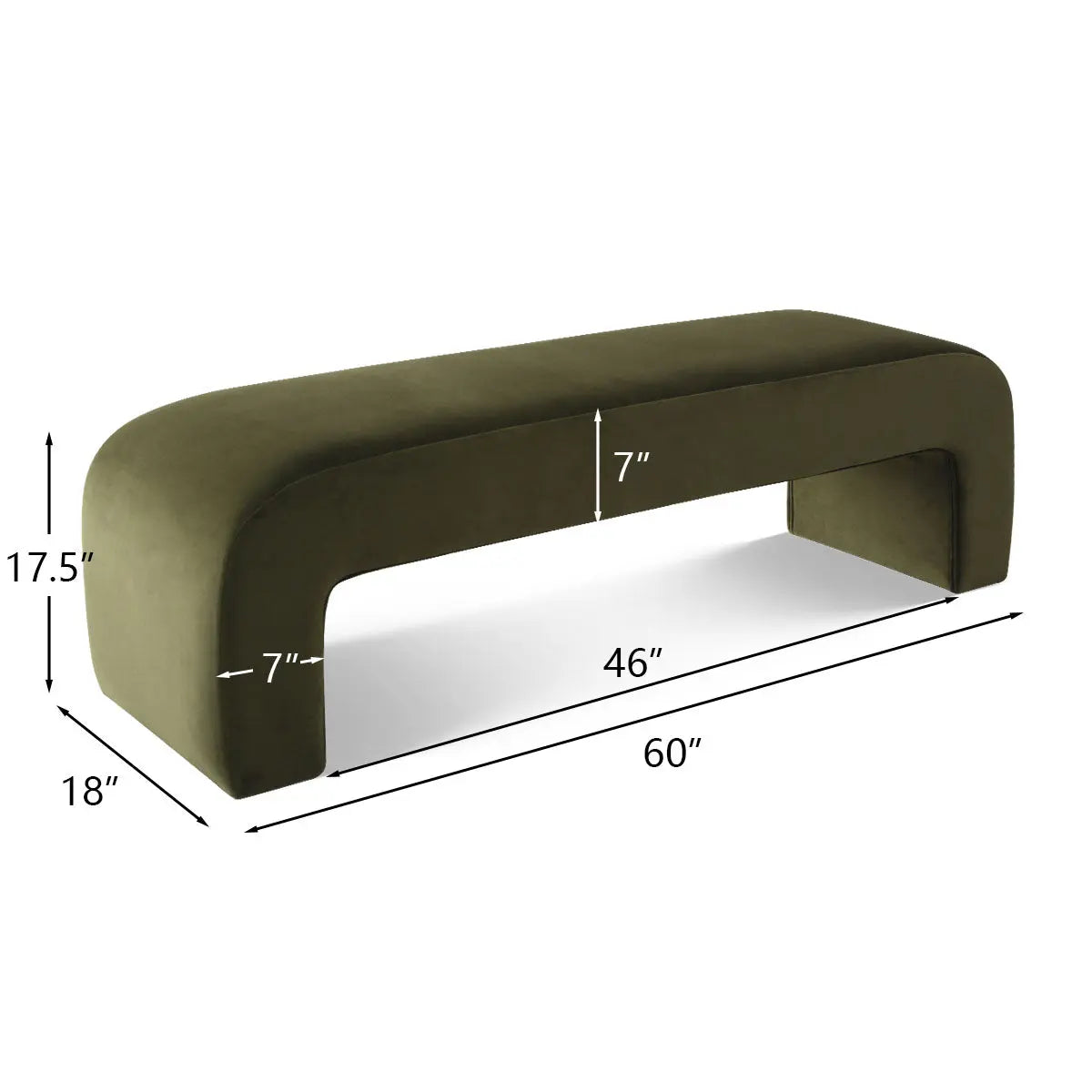 Lily Modern Velvet Accent Waterfall Bench with dimensions; stylish olive velvet seating furniture piece.