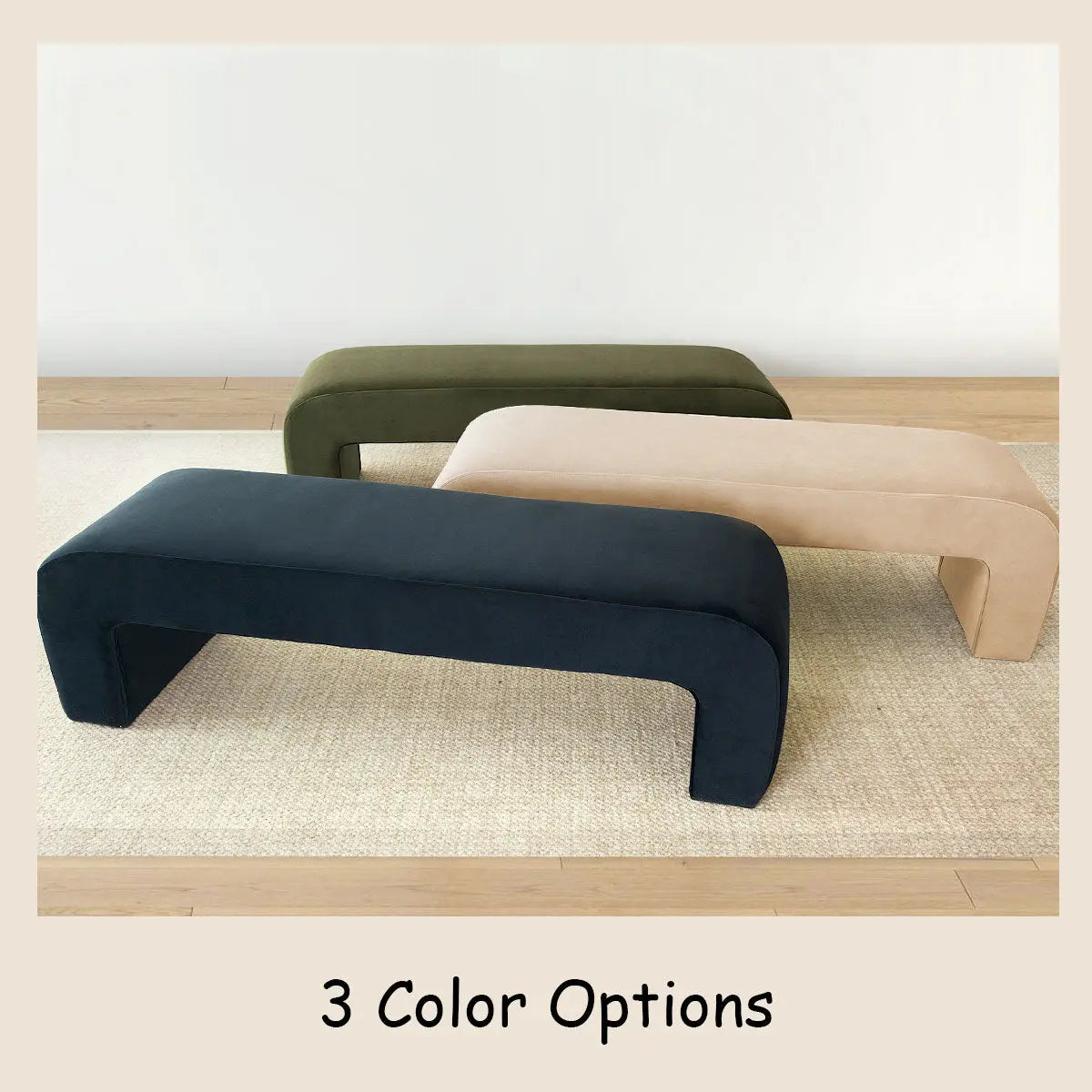 Lily Modern Velvet Accent Waterfall Bench in three colors on beige carpet in minimalist room.