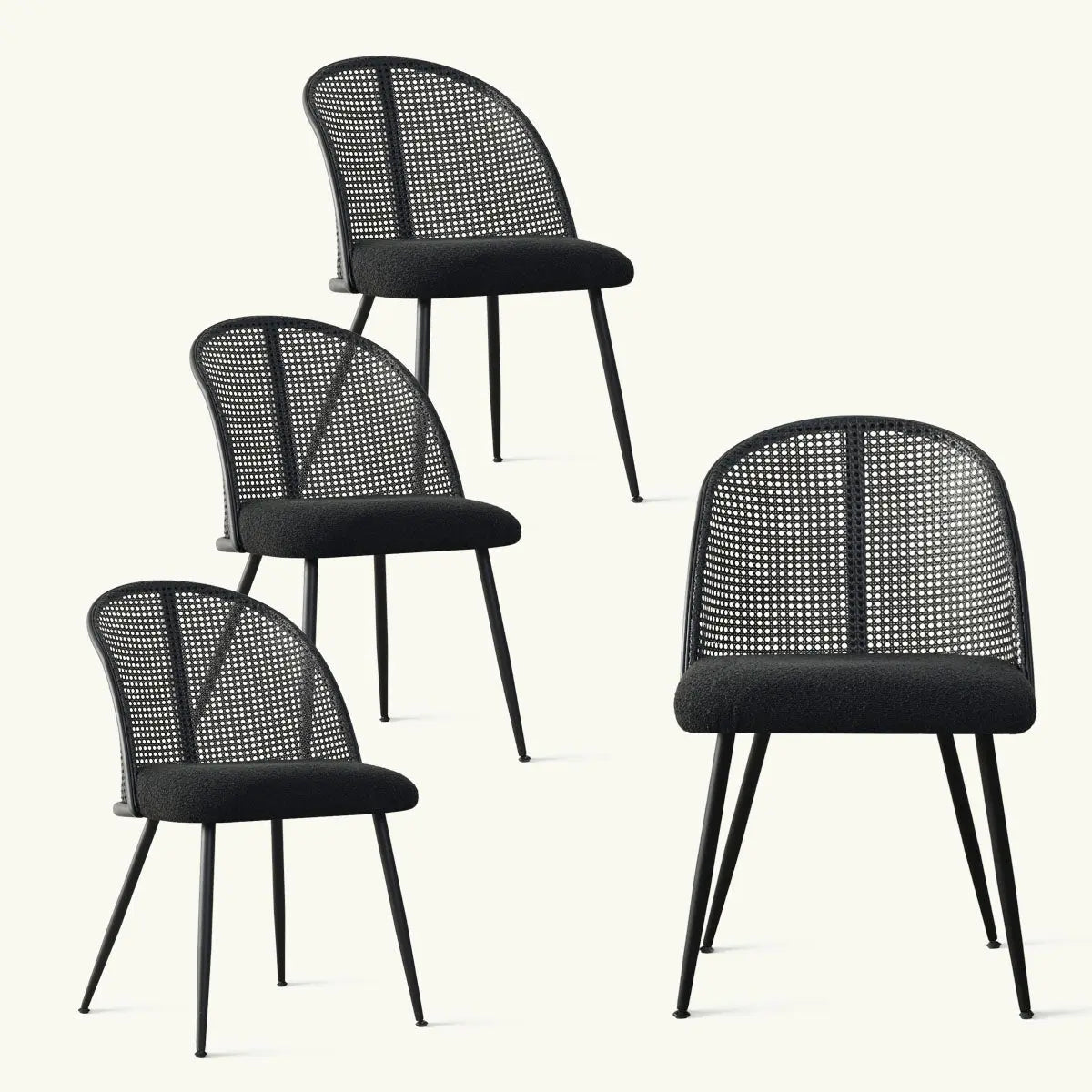 Four Lucca Black Rattan Boucle Dining Chairs, elegant design, ideal for modern dining spaces.