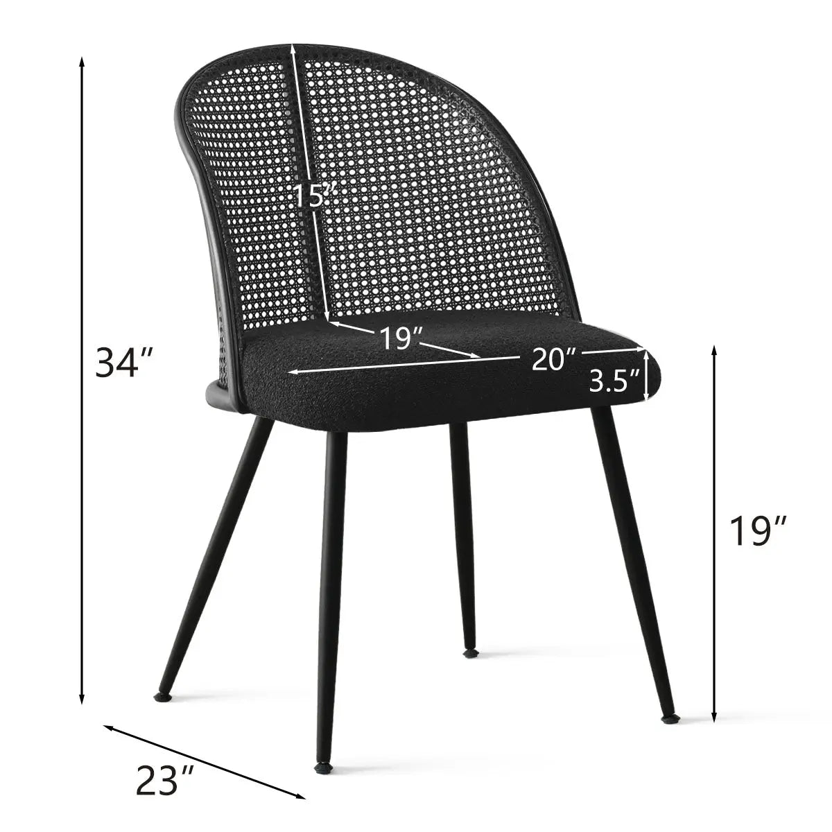 Lucca Black Rattan Boucle Dining Chair dimensions, modern design, metal legs, ergonomic seating.