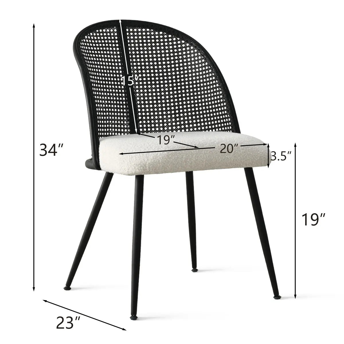 Lucca Black Rattan Boucle Dining Chair dimensions, featuring sleek black legs and boucle seat cushion.