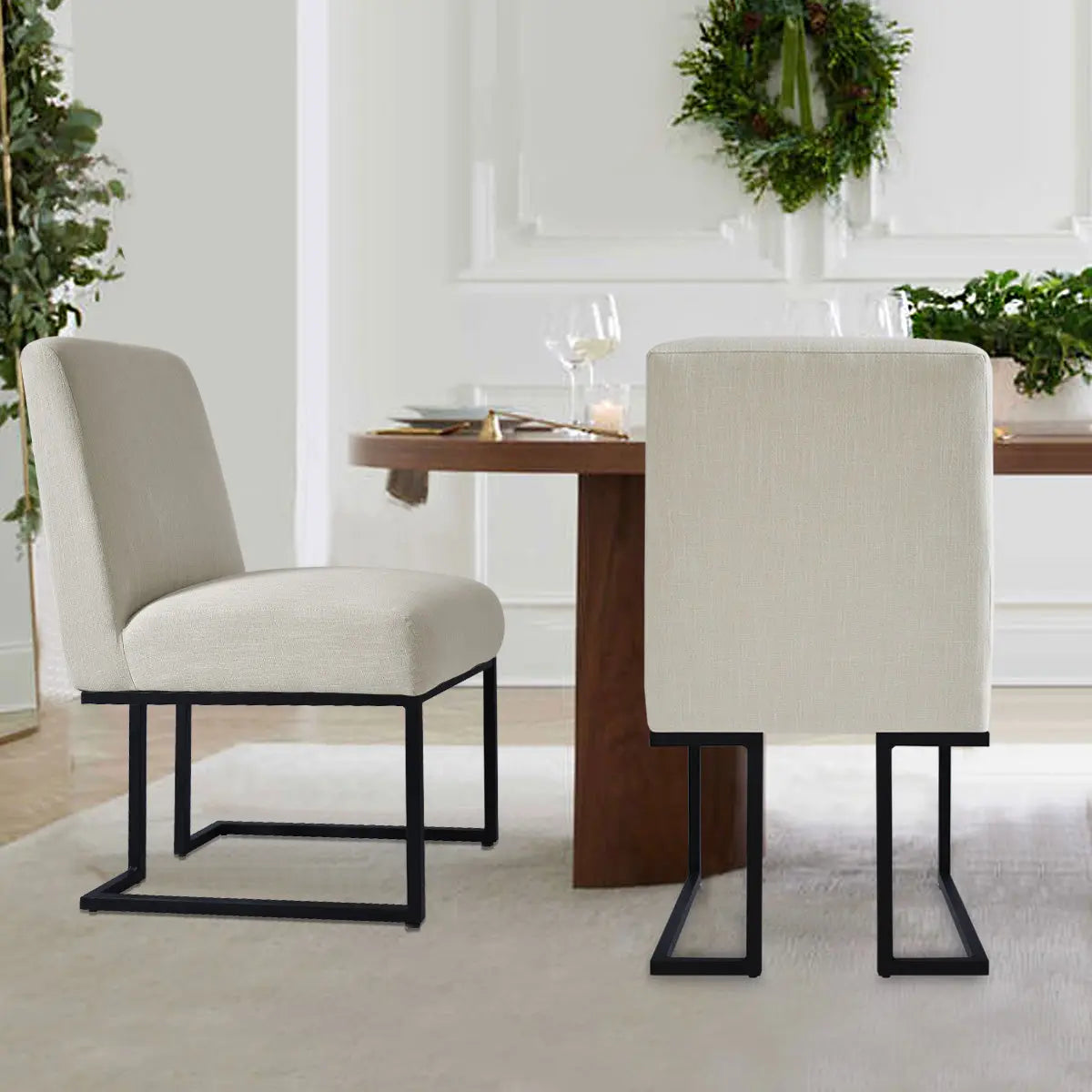 Mason Modern Metal Frame Upholstered Dining Chair in elegant dining room with wood table and decor.