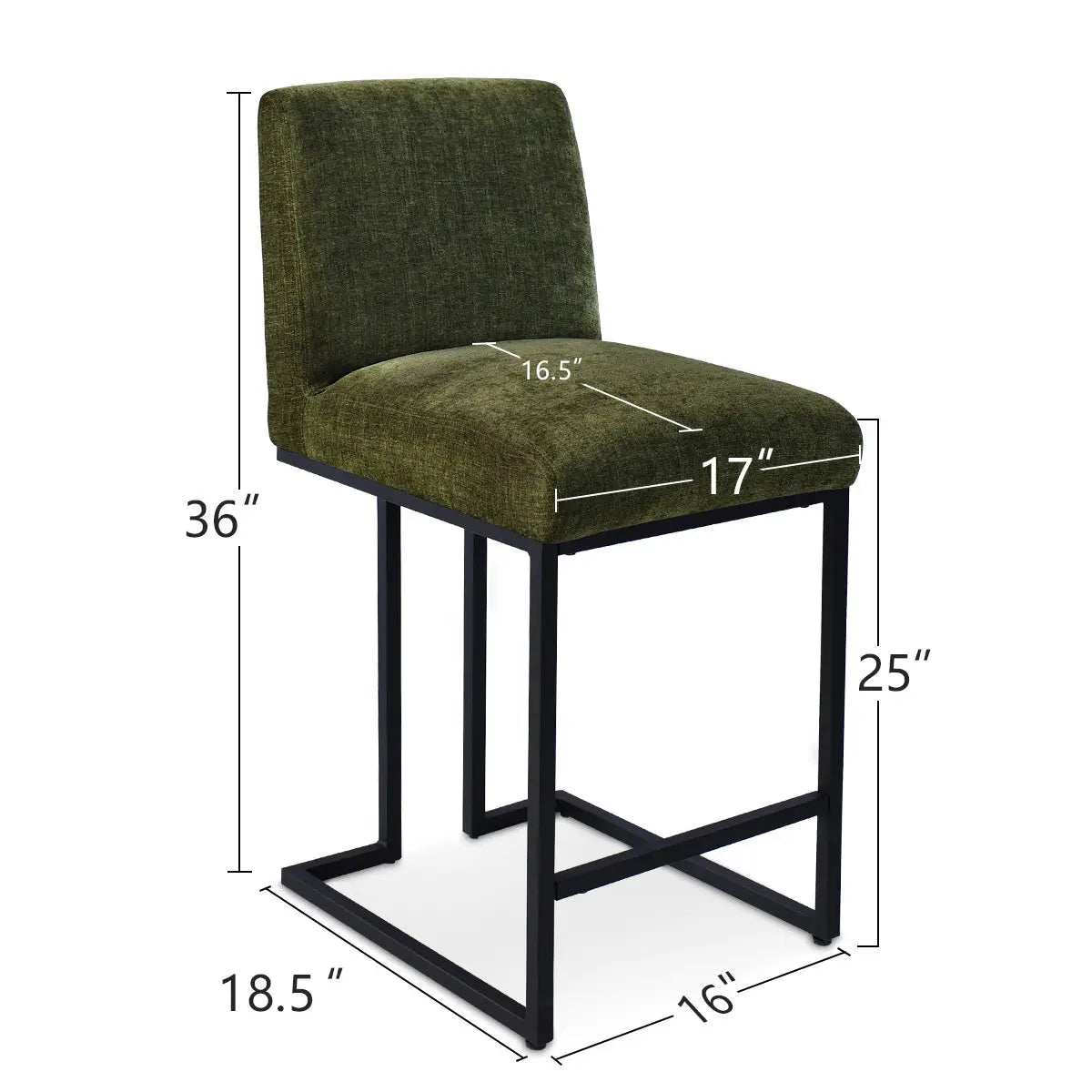 Mason Modern Metal Frame Upholstered Counter Stool with dimensions; green cushion, black frame.