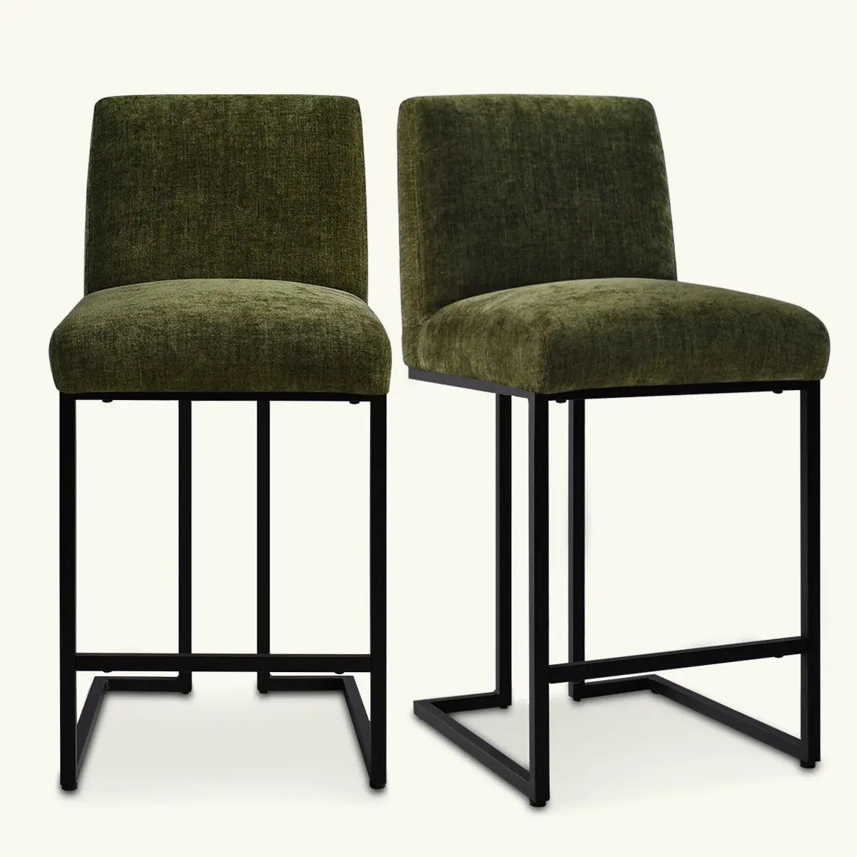 Mason Modern Metal Frame Upholstered Counter Stools, olive green fabric, sleek minimalist design.