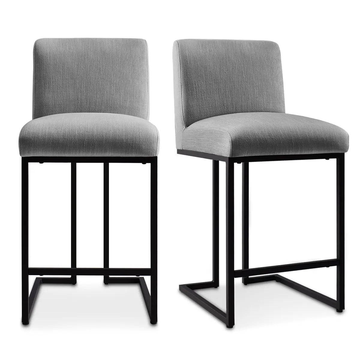 Two gray Mason Modern Metal Frame Upholstered Counter Stools with sleek black metal legs.