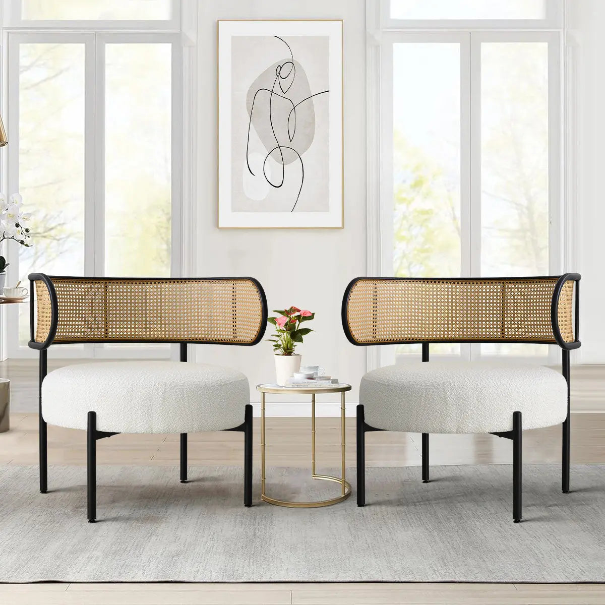 Marse Boucle Barrel Accent Chairs with Rattan Backs, modern living room, light gray rug, artwork.