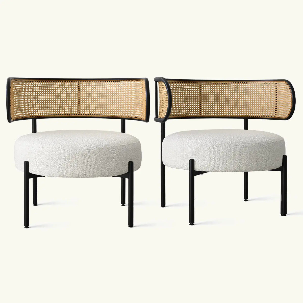 Marse Boucle Barrel Accent Chairs with Rattan Back, paired set, modern design.