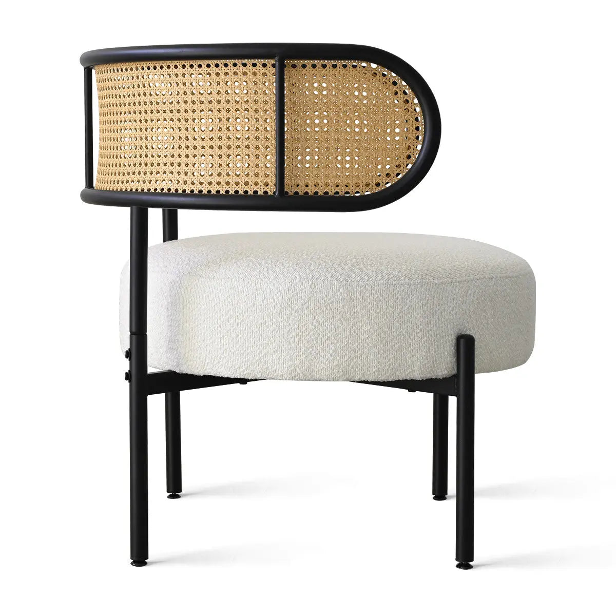 Marse Boucle Upholstered Barrel Accent Chair featuring rattan back and sleek black metal frame.