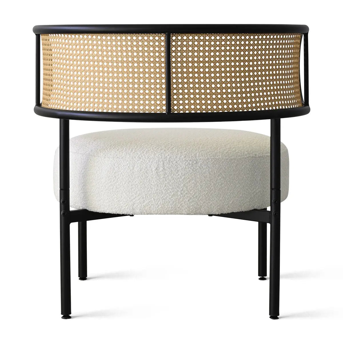 Marse Boucle Upholstered Chair with Rattan Back and Black Metal Frame for Modern Living Room.