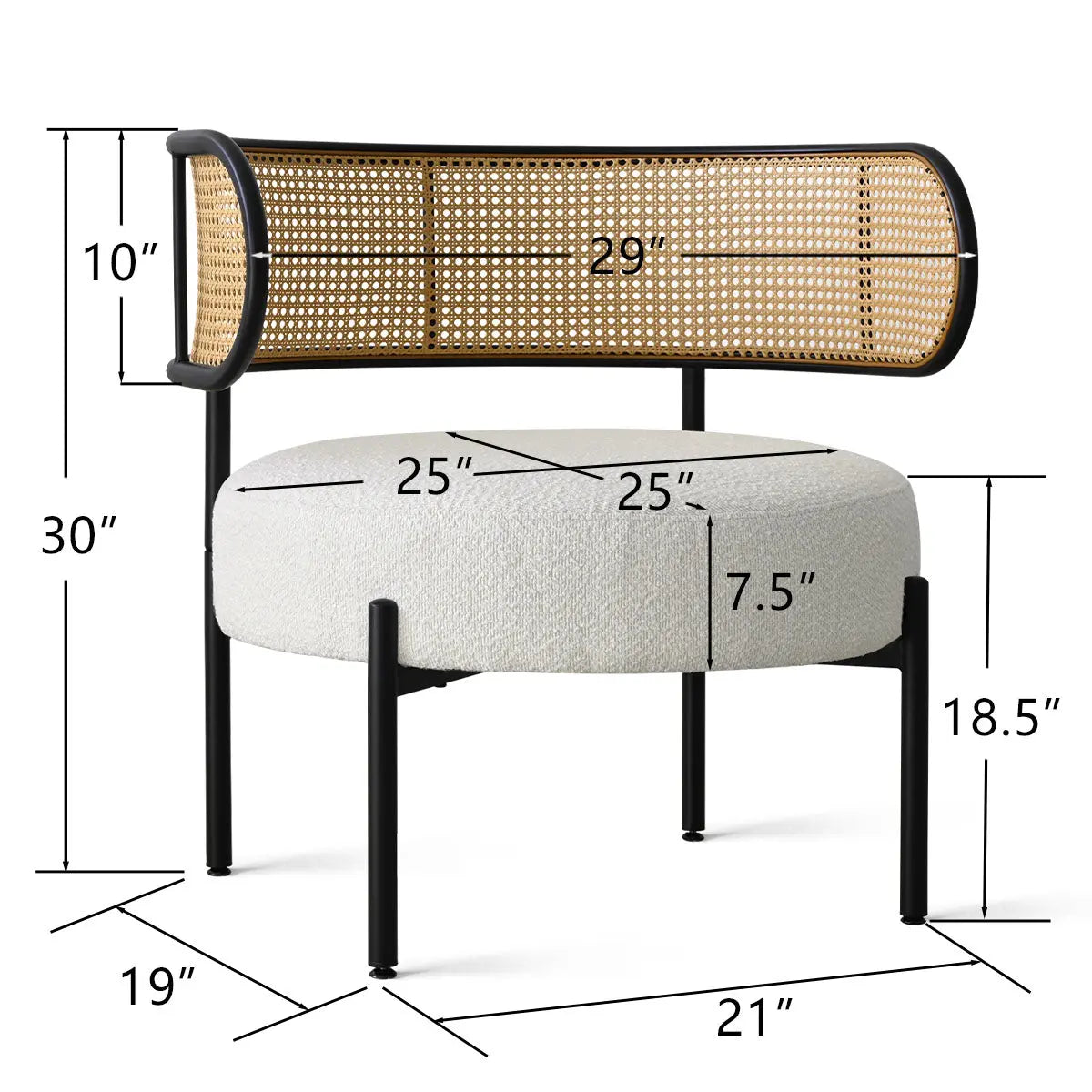 Marse Boucle Rattan Back Chair dimensions, accent seating furniture with boucle upholstery and black frame.