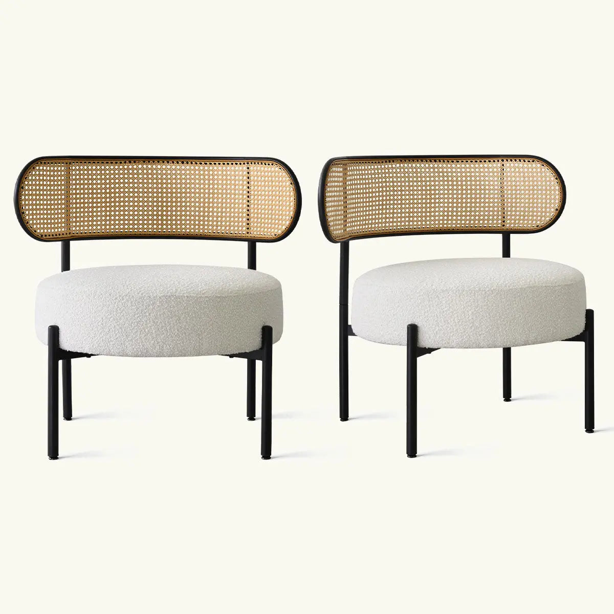 Marse Boucle upholstered accent chairs with rattan back, black legs; stylish seating furniture design.