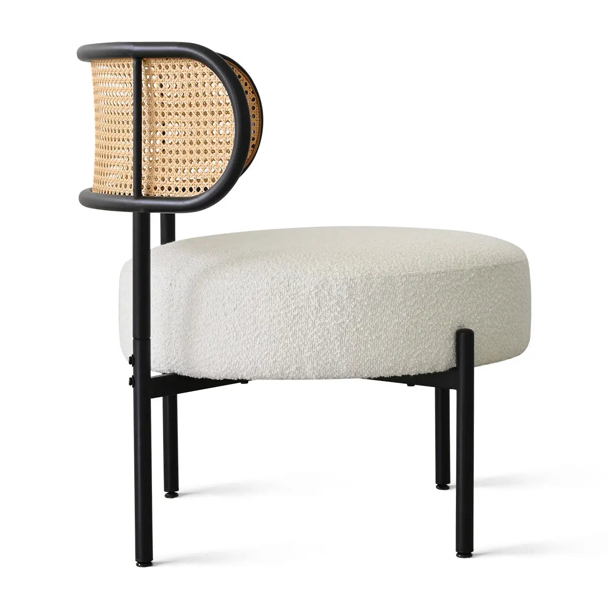 Modern Marse Boucle Upholstered Barrel Accent Chair with rattan backrest, black metal legs.