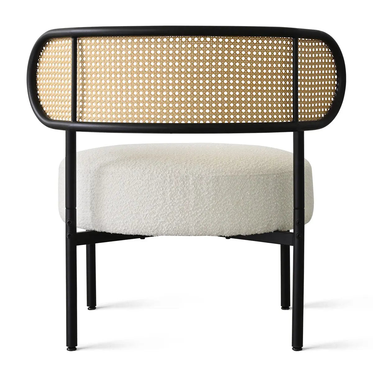 Marse Boucle Upholstered Barrel Accent Chair with Rattan Back, black frame, boucle seat.