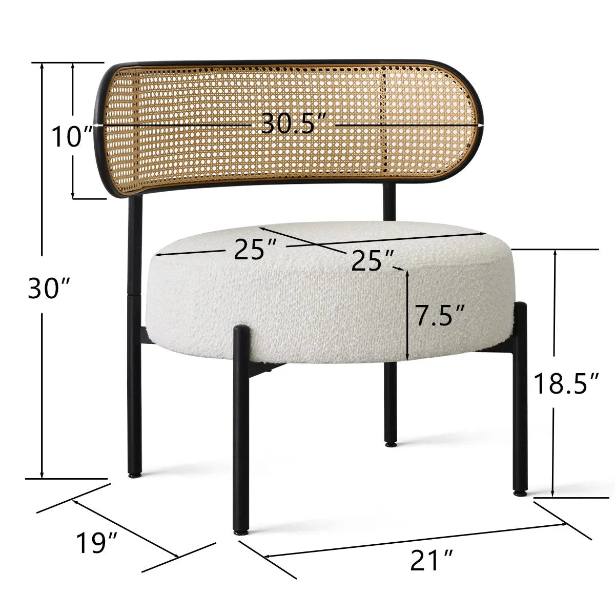 Marse Boucle Upholstered Barrel Accent Chair with Rattan Back dimensions, featuring modern black legs.