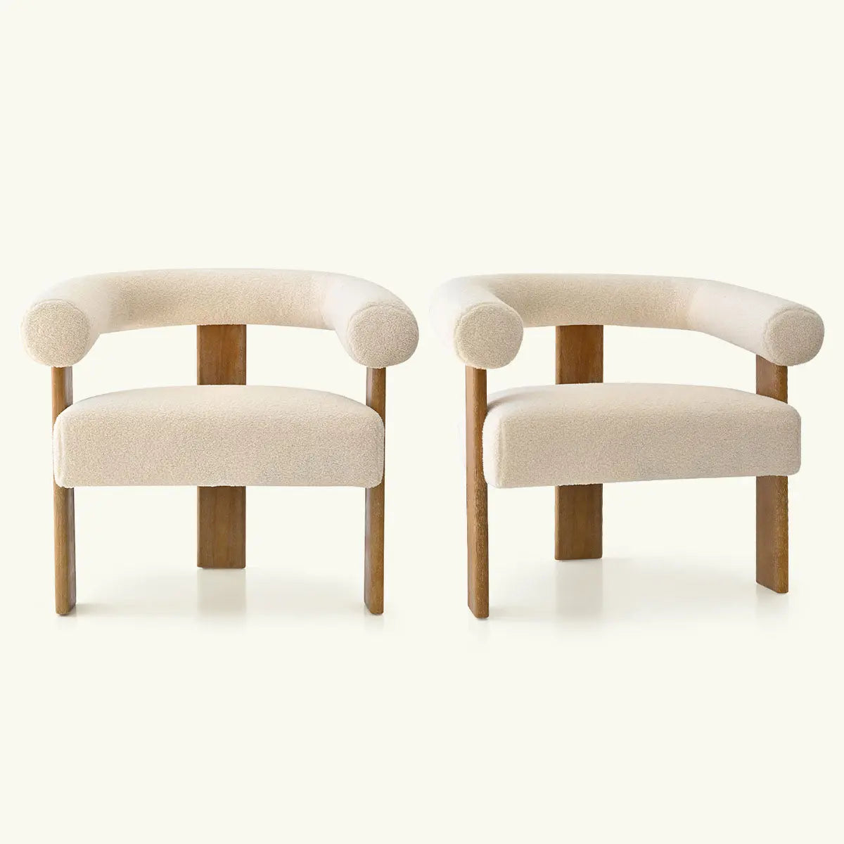 Pair of Maye beige boucle chairs with wooden legs, ideal for modern living room decor.