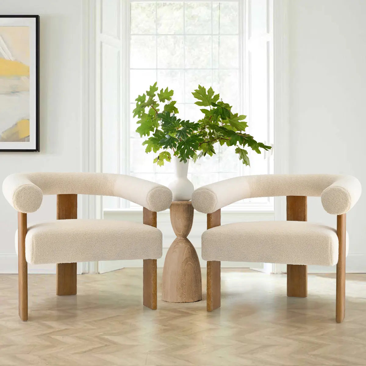 Maye Beige Boucle chairs with wooden legs, light walls, parquet flooring, and modern decor elements.