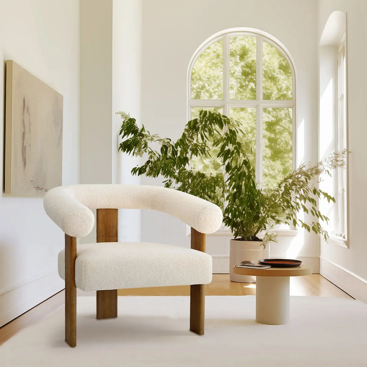 Maye Beige Boucle Chair with Arms in modern living room, light wood flooring, large window view.