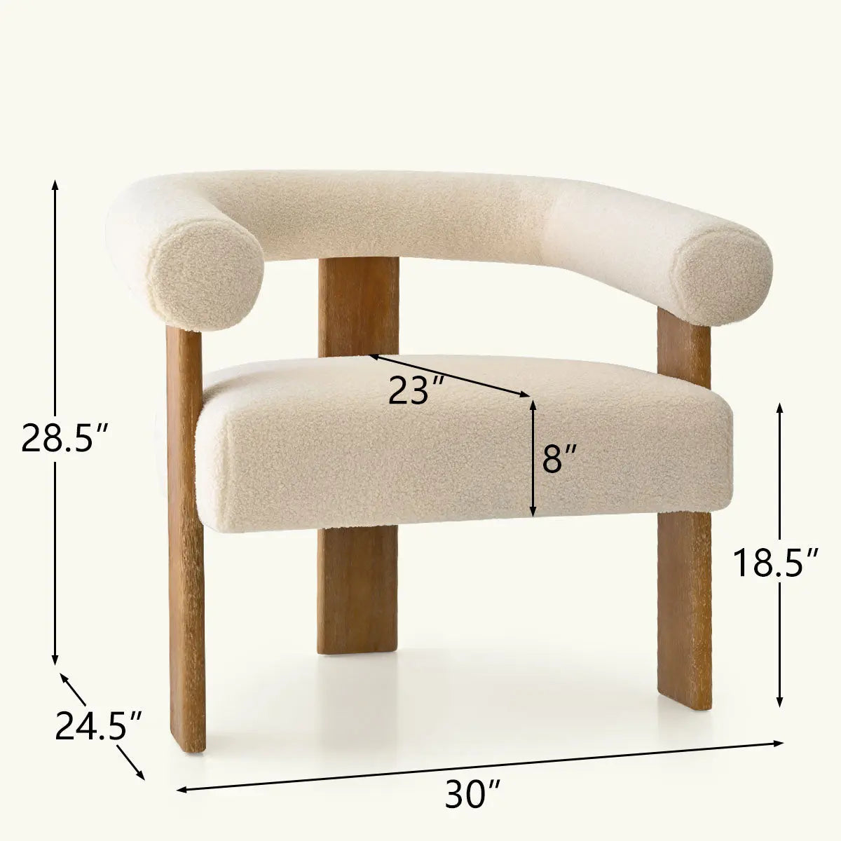 Maye Beige Boucle Living Room Chair with arms, dimensions labeled, wood legs, upholstered seat.