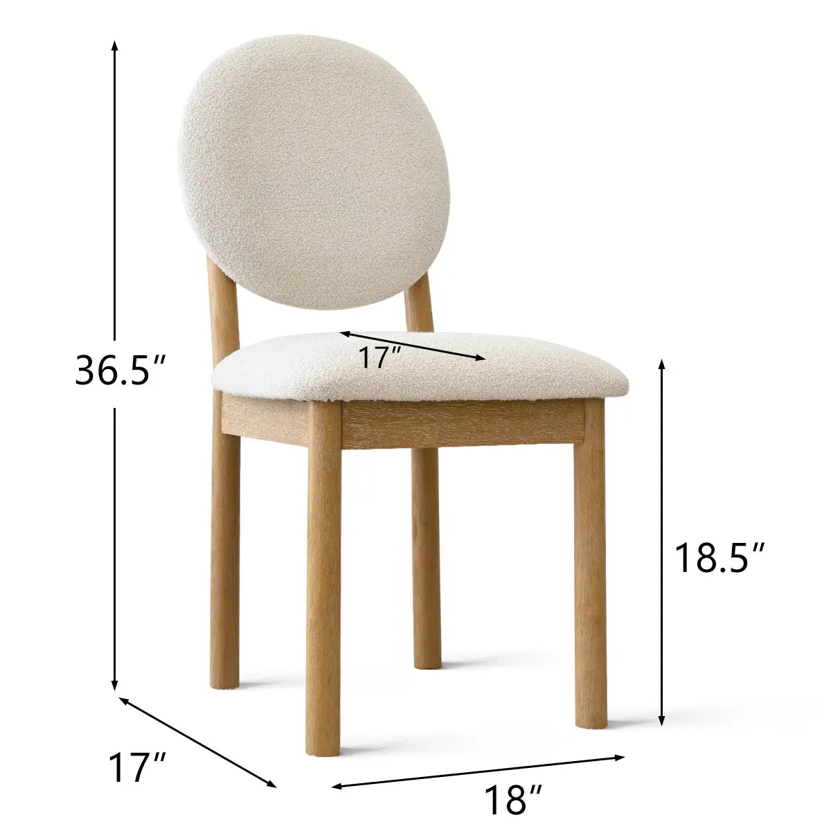 Maye Boucle Beige Upholstered Dining Chair with dimensions; 36.5" height, stylish modern design.