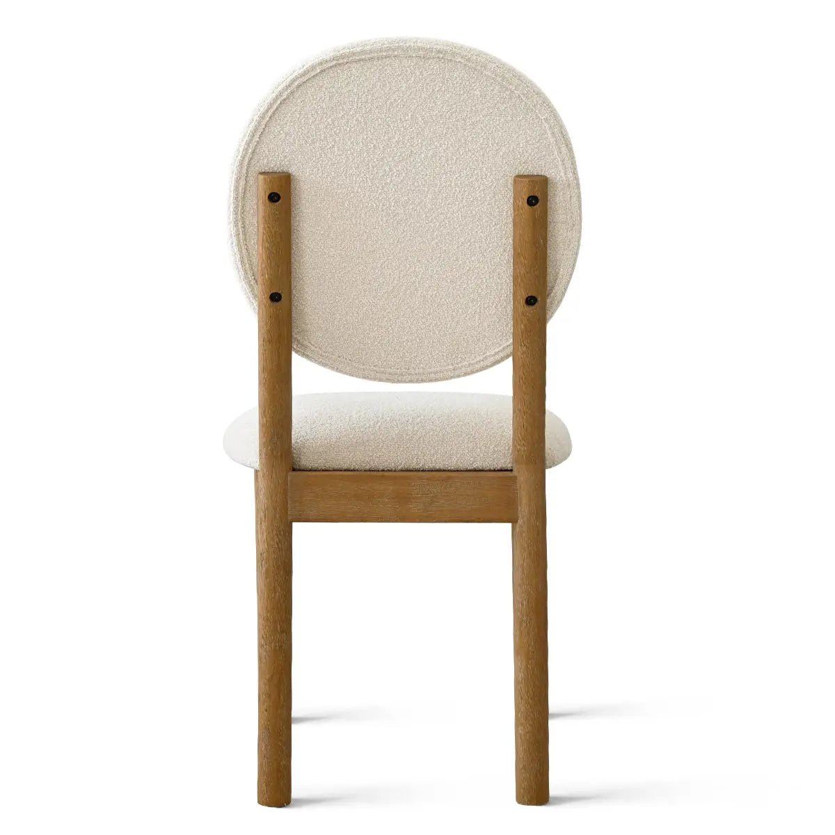 Back view of Maye Boucle Beige Upholstered Dining Chair on wooden legs, minimalist design.