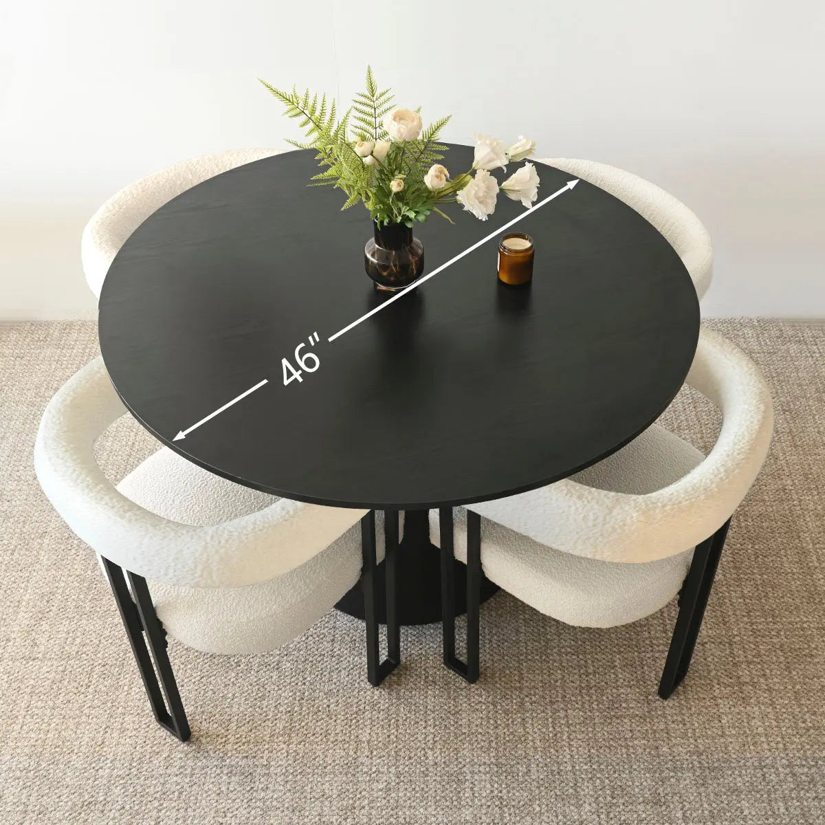 Mia Beige Upholstered Chair, black round table with 46" dimension, beige carpet in dining room.