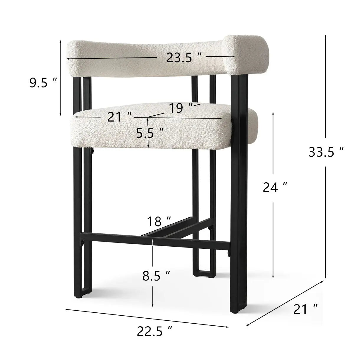 Mia Modern Beige Upholstered Counter Stool with Arms, dimensions shown, stylish seating.