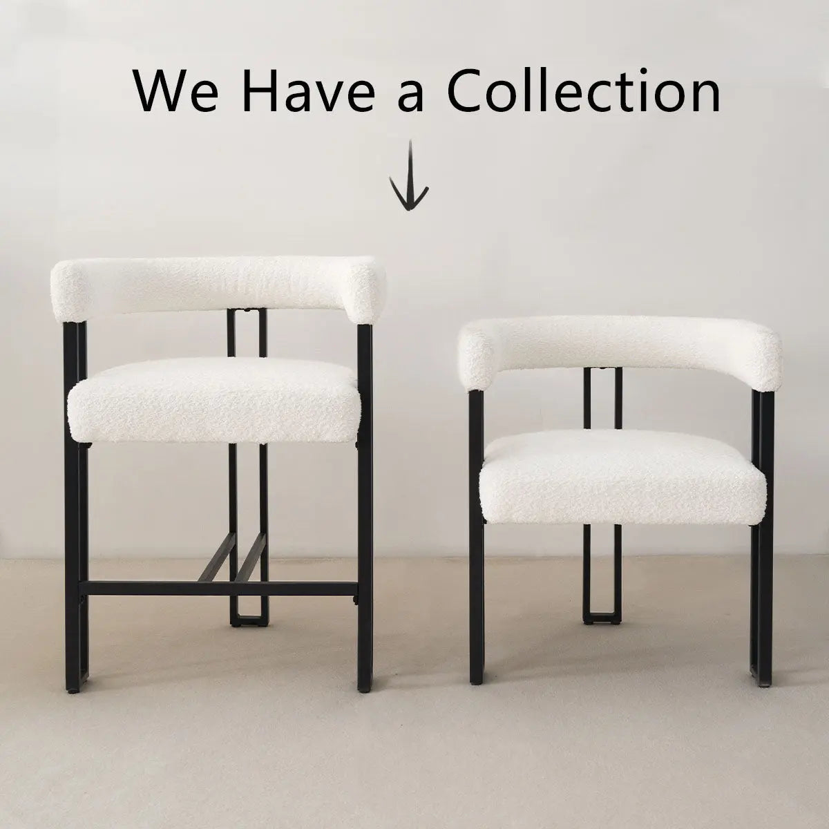 Mia Modern Beige Upholstered Counter Stool with Arms in neutral room, modern minimalist style.