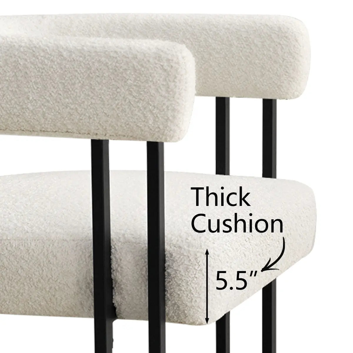 Mia Modern Beige Counter Stool, thick cushion, black metal legs, dimension details shown.