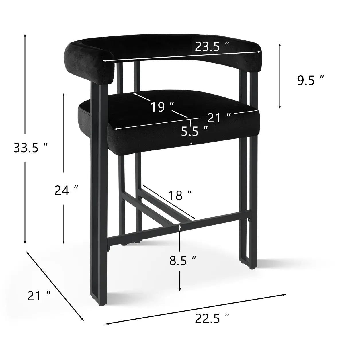 Mia Modern Velvet Accent Counter Stool with dimensions, black velvet, contemporary design, minimalist look.