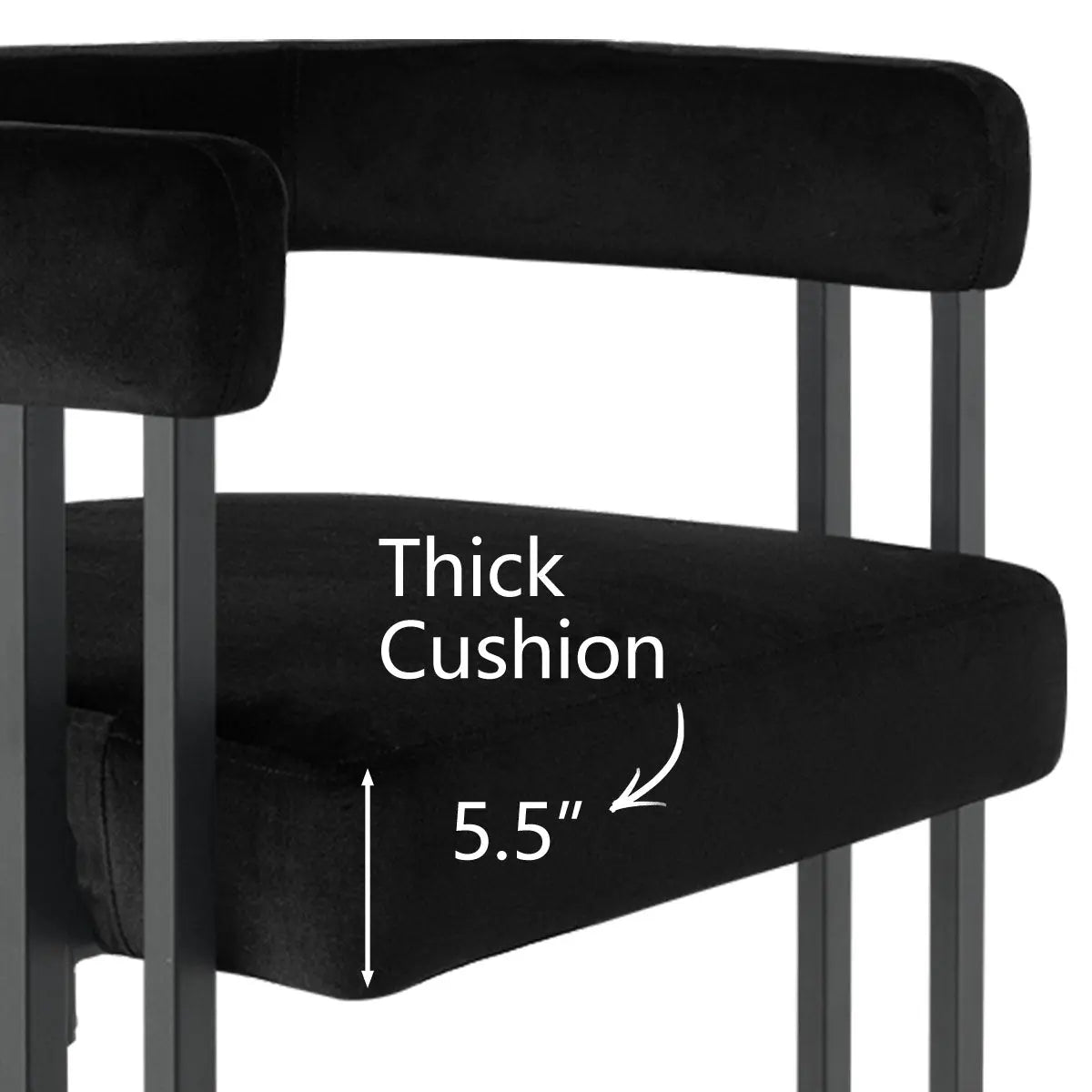 Mia velvet accent counter stool, thick 5.5" cushion, modern design stool with black upholstery.