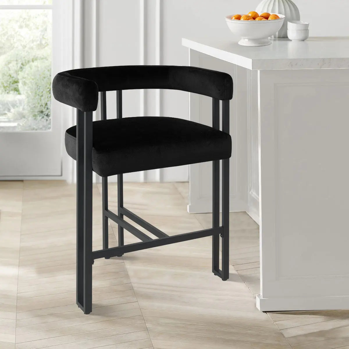 Black Mia 24" Velvet Counter Stool Set by Modern, in kitchen with light wood flooring.