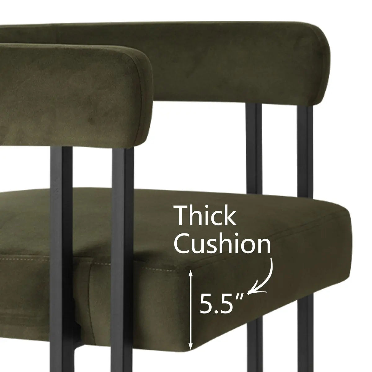 Mia Modern Velvet Accent Counter Stool with thick cushion, black frame, dimension details shown.