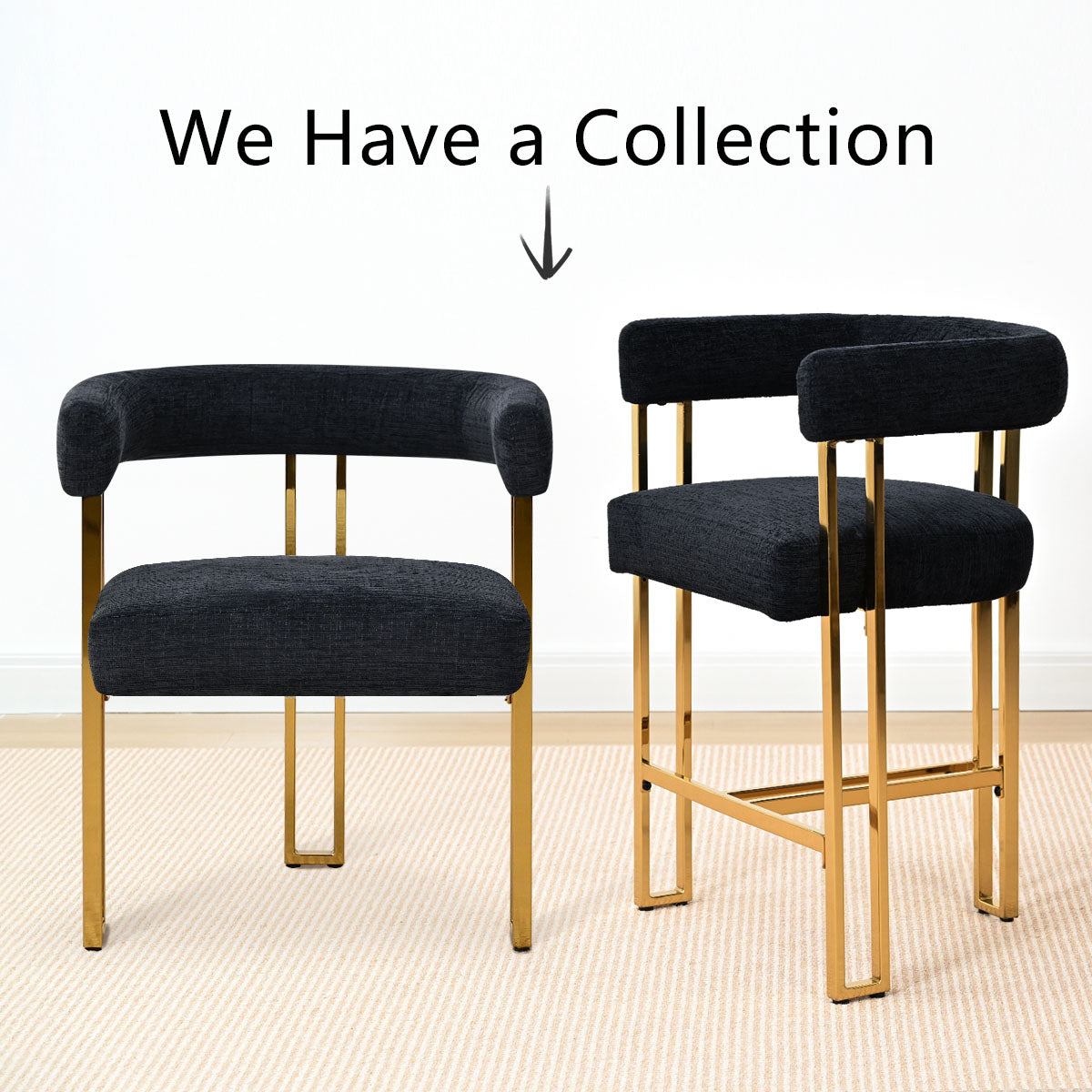 Mia 24" Modern Gold Chenille Counter Stool with Arms (Set of 2)