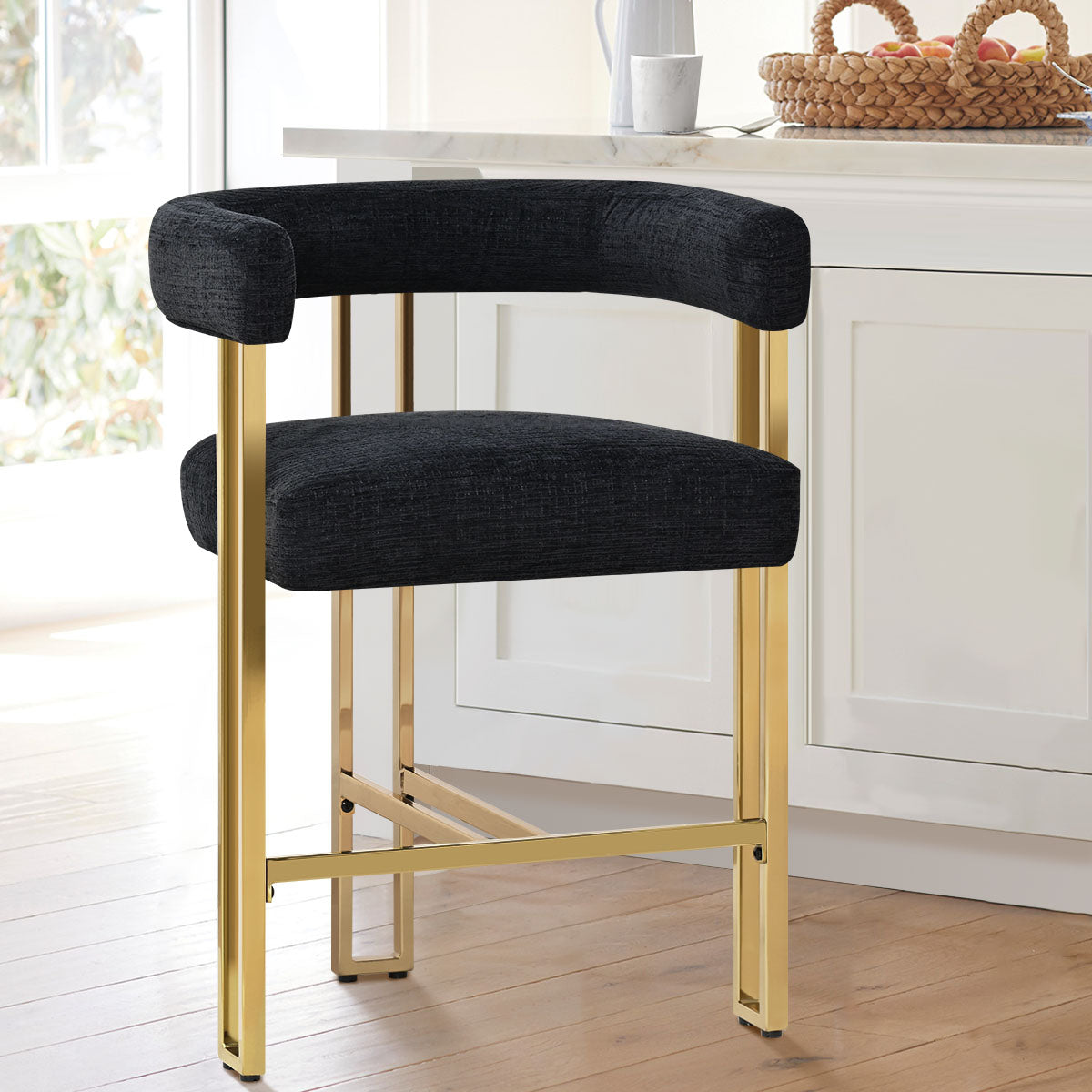 Mia 24" Modern Gold Chenille Counter Stool with Arms (1-piece)