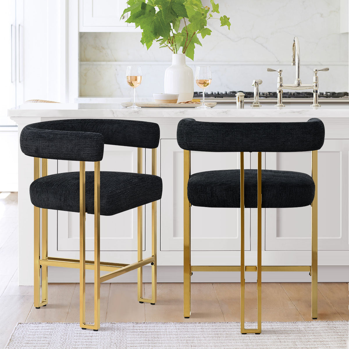 Mia 24" Modern Gold Chenille Counter Stool with Arms (Set of 2)