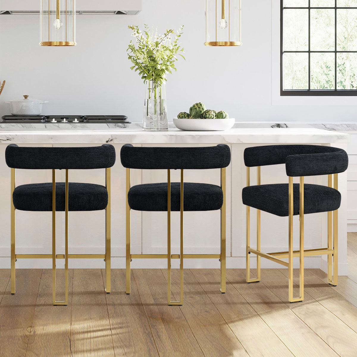 Mia 24" Modern Gold Chenille Counter Stool with Arms (Set of 2)