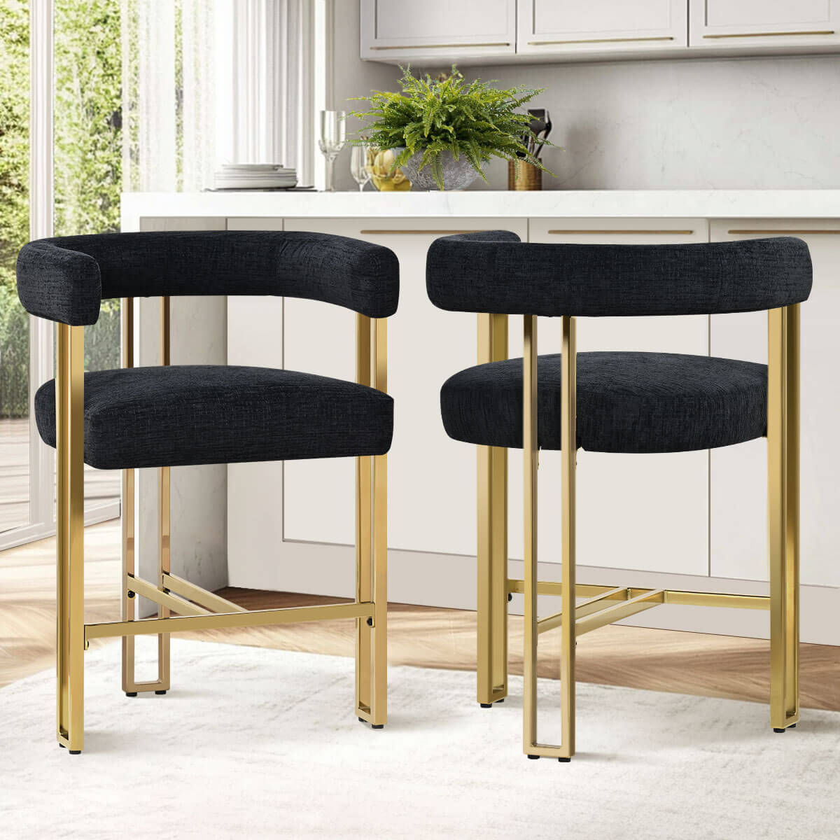 Mia 24" Modern Gold Chenille Counter Stool with Arms (Set of 2)