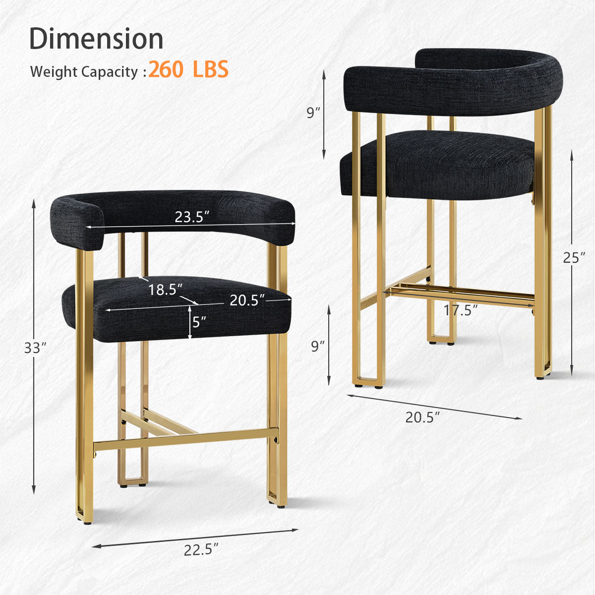 Mia 24" Modern Gold Chenille Counter Stool with Arms (Set of 2)