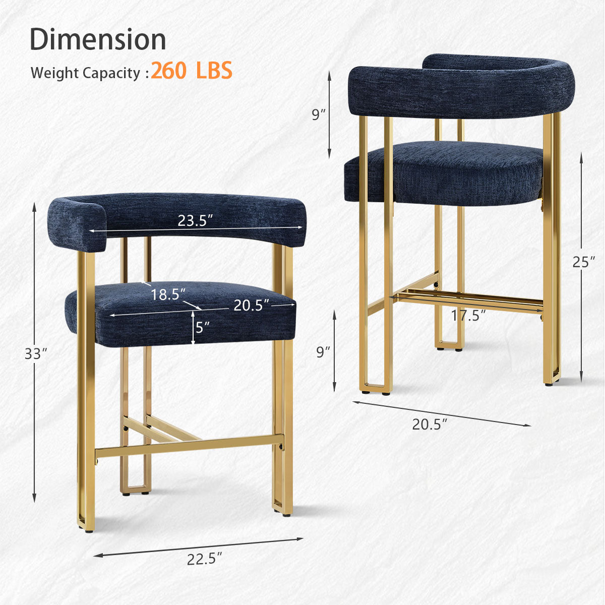 Mia 24" Modern Gold Chenille Counter Stool with Arms (Set of 2)