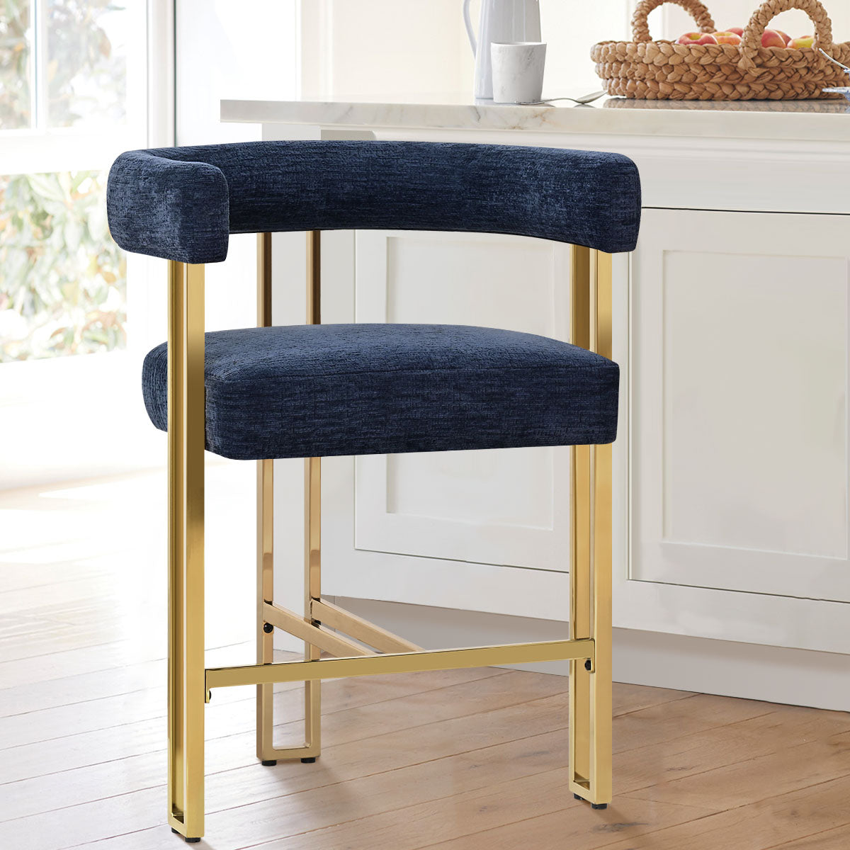 Mia 24" Modern Gold Chenille Counter Stool with Arms (1-piece)