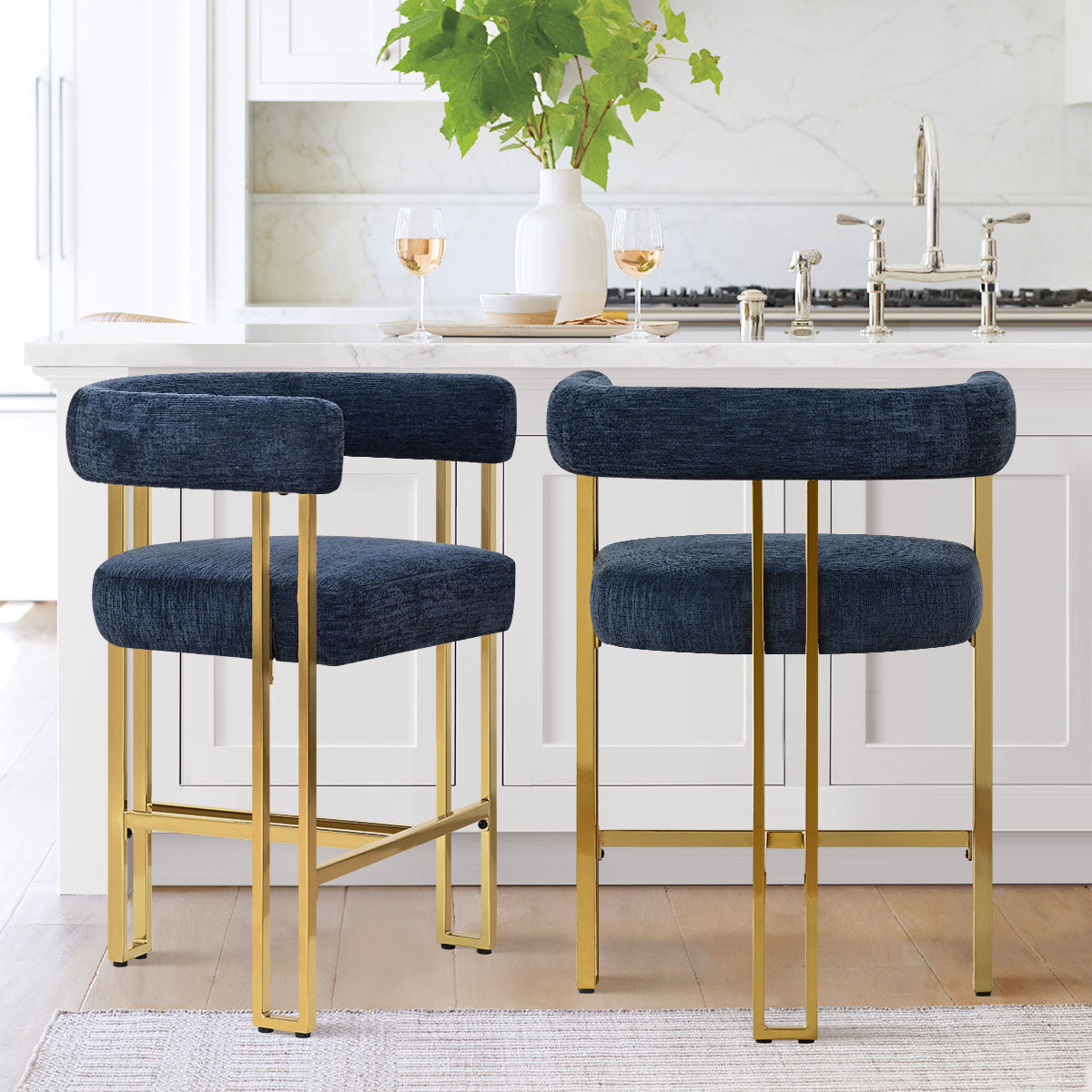 Mia 24" Modern Gold Chenille Counter Stool with Arms (Set of 2)