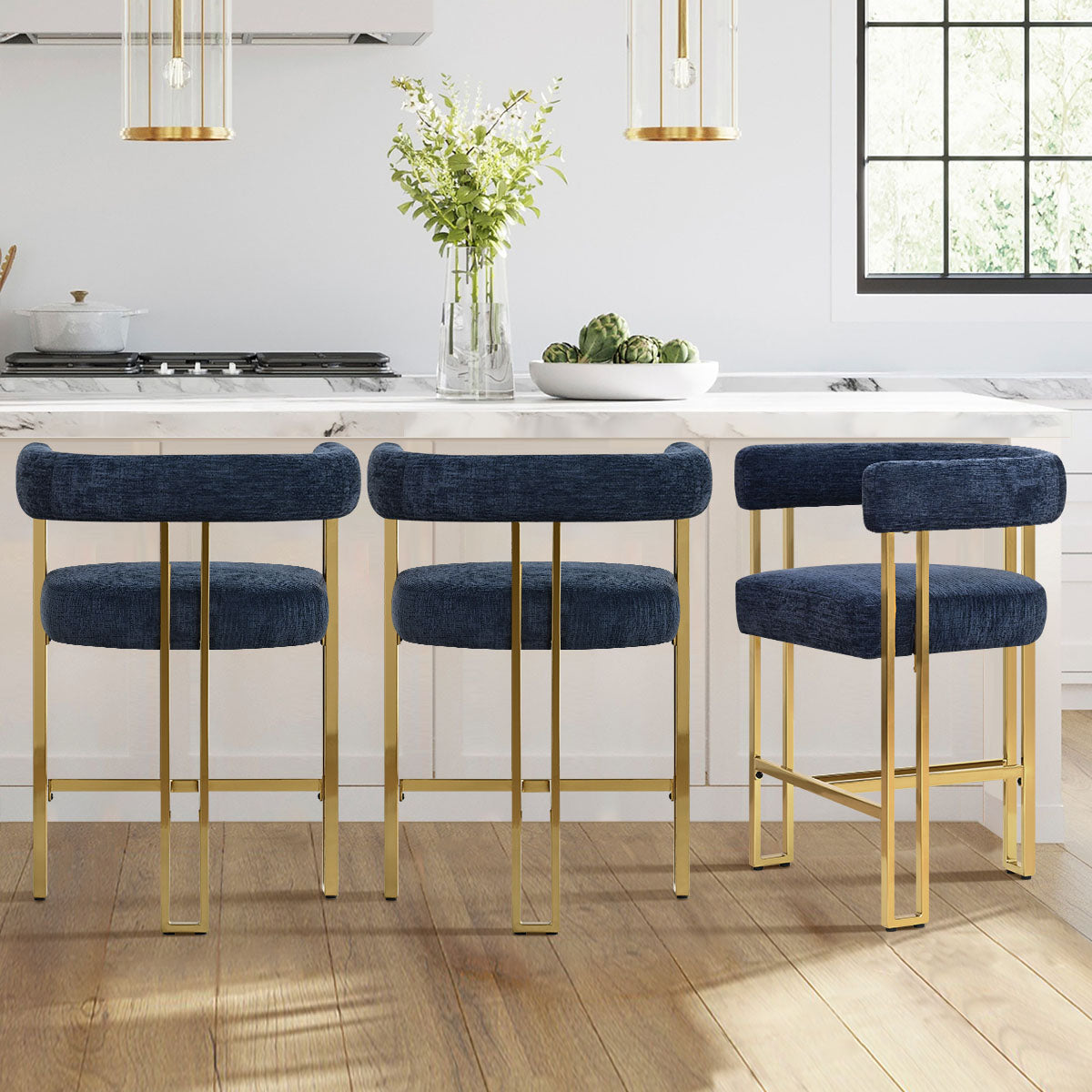 Mia 24" Modern Gold Chenille Counter Stool with Arms (Set of 2)