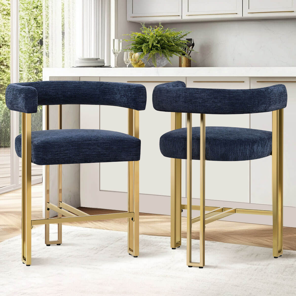 Mia 24" Modern Gold Chenille Counter Stool with Arms (Set of 2)